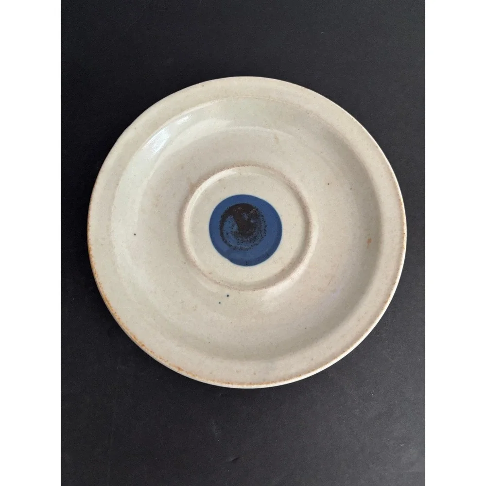 Vintage Iron Mountain Stoneware Saucer Cream Cobalt Blue Dot Minimalist 6.25